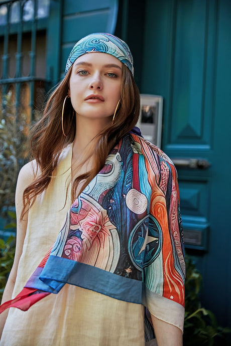 FAD Astrology-Themed Cotton Voile Shawl from Mythology Collection. With intricate fractal patterns inspired by archeological signs, this luxurious modern shawl features vibrant colors, is handstitched on edges and printed on highest-quality fabric.