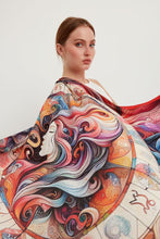 Charger l&#39;image dans la galerie, FAD Mythology-Themed Crepe Silk Shawl from Mythology Collection. With intricate fractal patterns inspired by mythological elements, this luxurious modern shawl features vibrant colors, is handstitched on edges and printed on highest-quality fabric.
