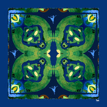 Load image into Gallery viewer, Silk Crepe Scarf &amp; Bandana - ART &amp; SOUL Collection Design being homage to the art of ballet, the interplay of deep green, blue and yellow reflects the delicate precision of ballet in this silk crepe scarf.
