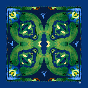 Silk Crepe Scarf & Bandana - ART & SOUL Collection Design being homage to the art of ballet, the interplay of deep green, blue and yellow reflects the delicate precision of ballet in this silk crepe scarf.