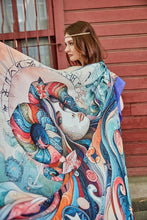 Charger l&#39;image dans la galerie, FAD Astrology-Themed Cotton Voile Shawl from Mythology Collection. With intricate fractal patterns inspired by archeological signs, this luxurious modern shawl features vibrant colors, is handstitched on edges and printed on highest-quality fabric.
