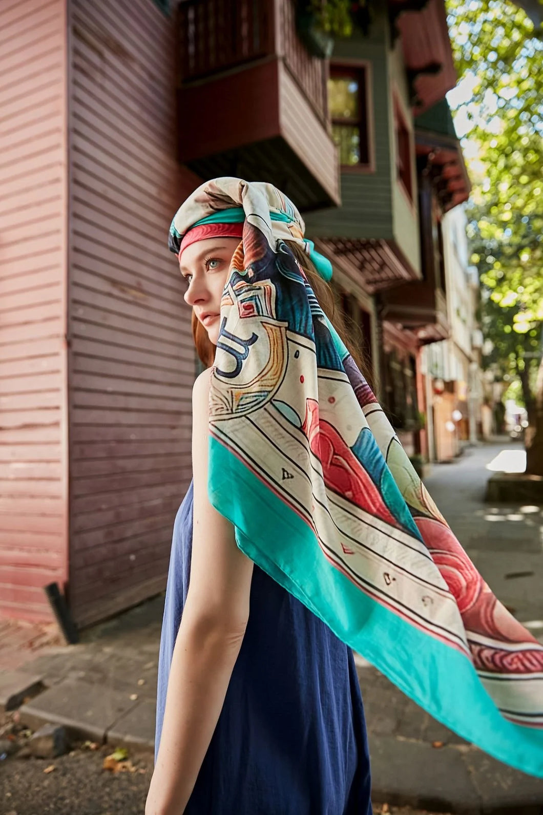 FAD Astrology-Themed Cotton Voile Shawl from Mythology Collection. With intricate fractal patterns inspired by archeological signs, this luxurious modern shawl features vibrant colors, is handstitched on edges and printed on highest-quality fabric.