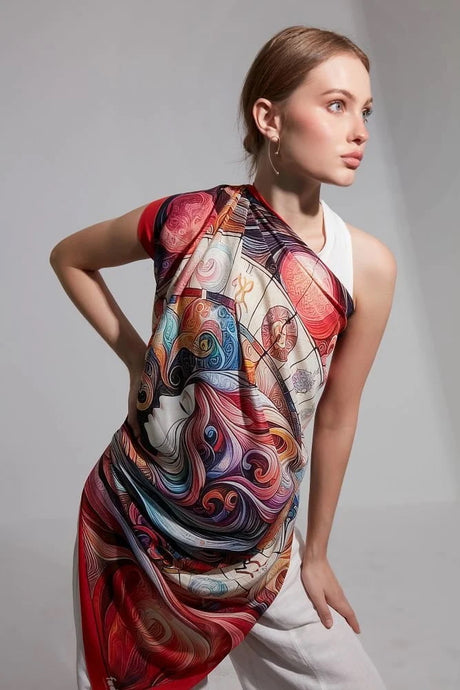 FAD Mythology-Themed Crepe Silk Shawl from Mythology Collection. With intricate fractal patterns inspired by mythological elements, this luxurious modern shawl features vibrant colors, is handstitched on edges and printed on highest-quality fabric.