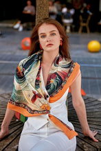 Load image into Gallery viewer, FAD Mythology-Themed Crepe Silk Shawl from Mythology Collection. With intricate fractal patterns inspired by mythological elements, this luxurious modern shawl features vibrant colors, is handstitched on edges and printed on highest-quality fabric.
