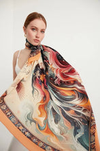 Charger l&#39;image dans la galerie, FAD Mythology-Themed Crepe Silk Shawl from Mythology Collection. With intricate fractal patterns inspired by mythological elements, this luxurious modern shawl features vibrant colors, is handstitched on edges and printed on highest-quality fabric.
